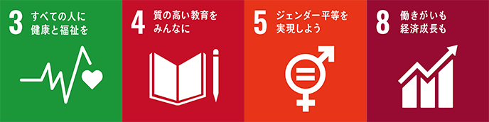 3すべての人に健康と福祉を,4質の高い教育をみんなに,5ジェンダー平等を実現しよう,8働きがいも経済成長も